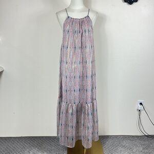 World Market Dress Womens S/M Pink Blue Metallic Maxi Boho Halter Summer